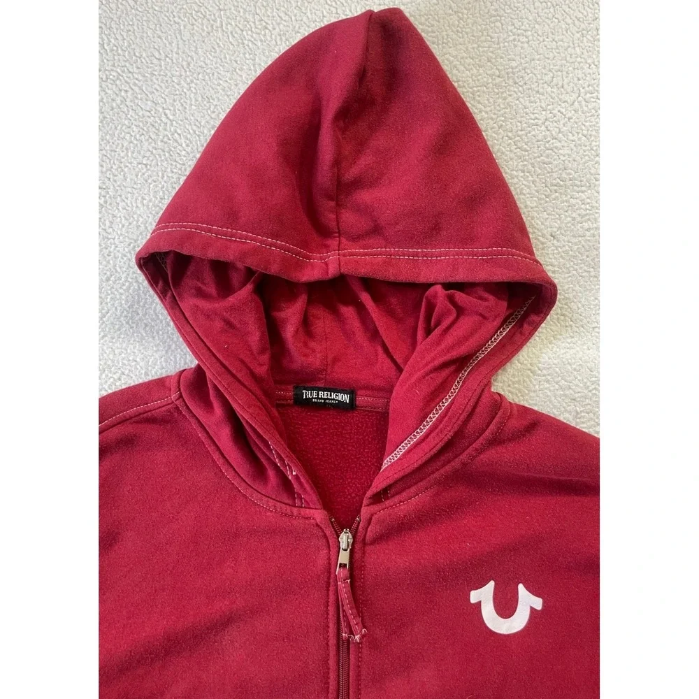 True Religion Mens Large Zip Hoodie Red Buddha Logo Back Graphic Sweatshirt